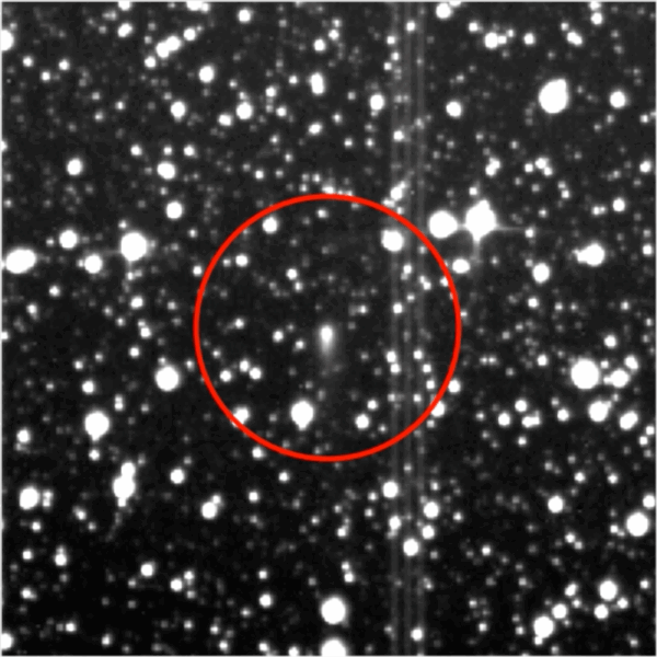 Interstellar comet 3I/ATLAS (circled) is a bright dot with a tail passing through a field of stars in this video from NASA’s TESS (Transiting Exoplanet Survey Satellite). Image credit NASA/Daniel Muthukrishna, MIT